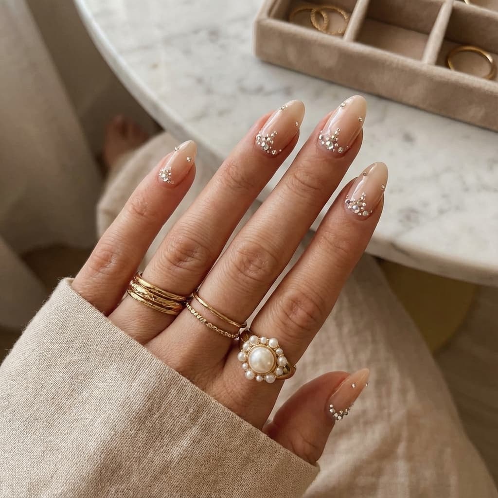 Kartal protez tırnak sonrası görünüm, nude renkler ve taş süsleme